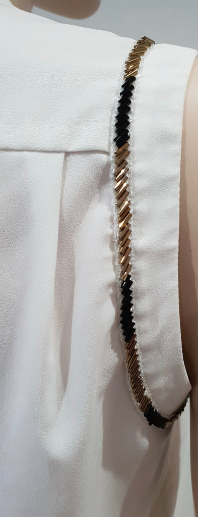 CLAUDIE PIERLOT White V Neckline Sequin Trim Sleeveless Blouse Shirt Top 36 UK8