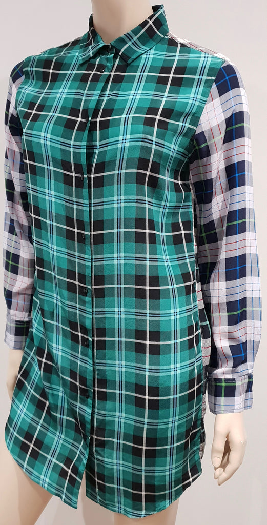 SANDRO PARIS Green Grey Black Silk Check Collared Long Sleeve Blouse Shirt Top S