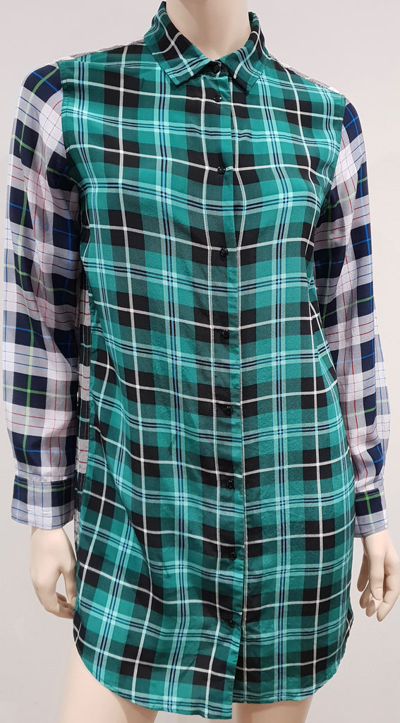 SANDRO PARIS Green Grey Black Silk Check Collared Long Sleeve Blouse Shirt Top S