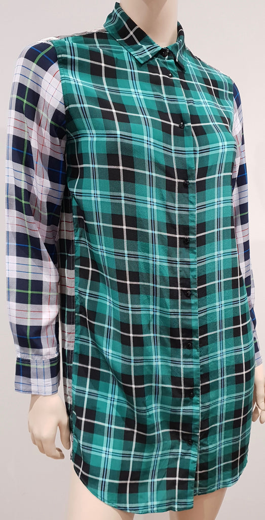 SANDRO PARIS Green Grey Black Silk Check Collared Long Sleeve Blouse Shirt Top S