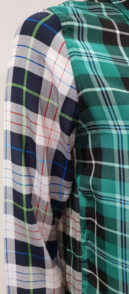 SANDRO PARIS Green Grey Black Silk Check Collared Long Sleeve Blouse Shirt Top S