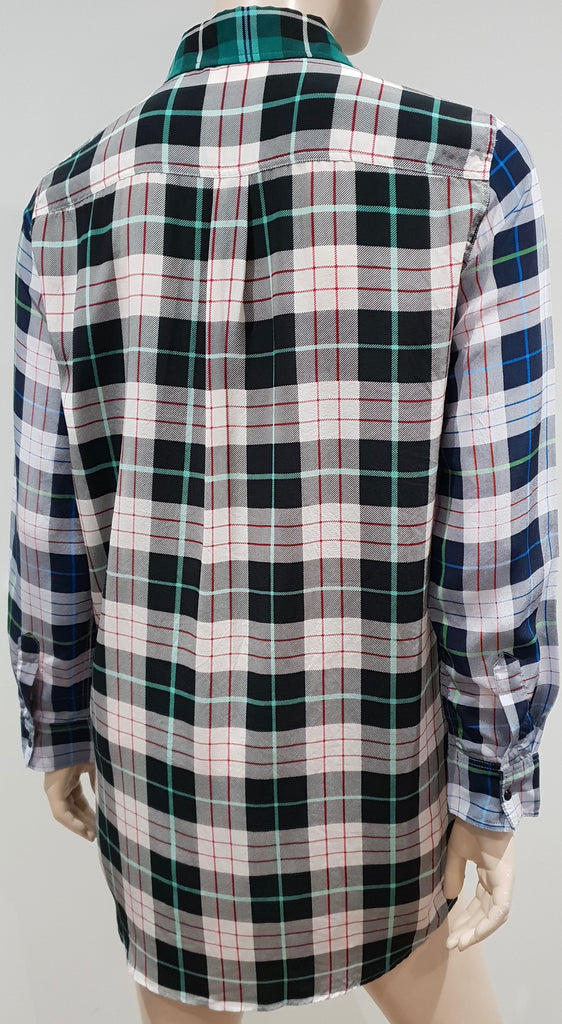 SANDRO PARIS Green Grey Black Silk Check Collared Long Sleeve Blouse Shirt Top S