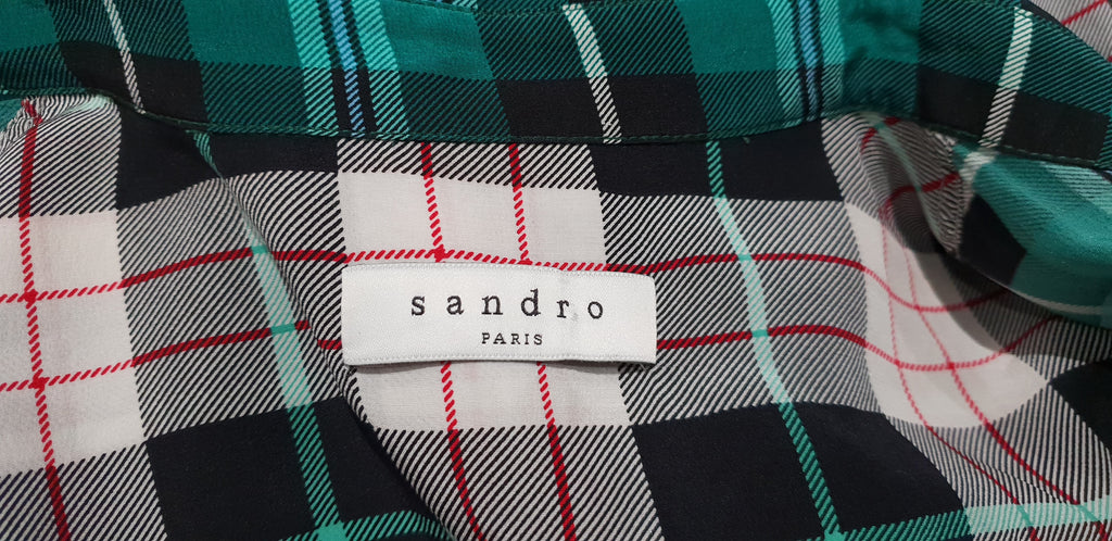 SANDRO PARIS Green Grey Black Silk Check Collared Long Sleeve Blouse Shirt Top S