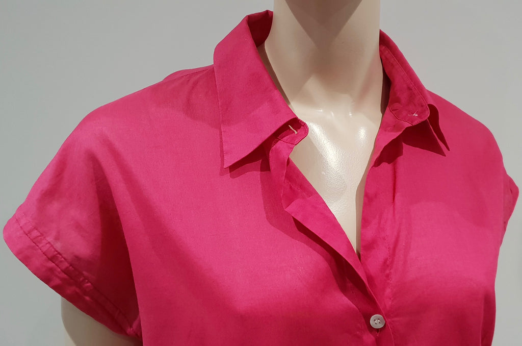 THEORY Pink 100% Cotton Semi Sheer Collared Short Sleeve Blouse Shirt Top L