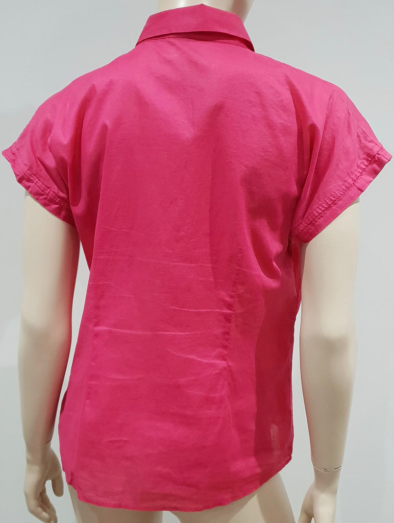 THEORY Pink 100% Cotton Semi Sheer Collared Short Sleeve Blouse Shirt Top L