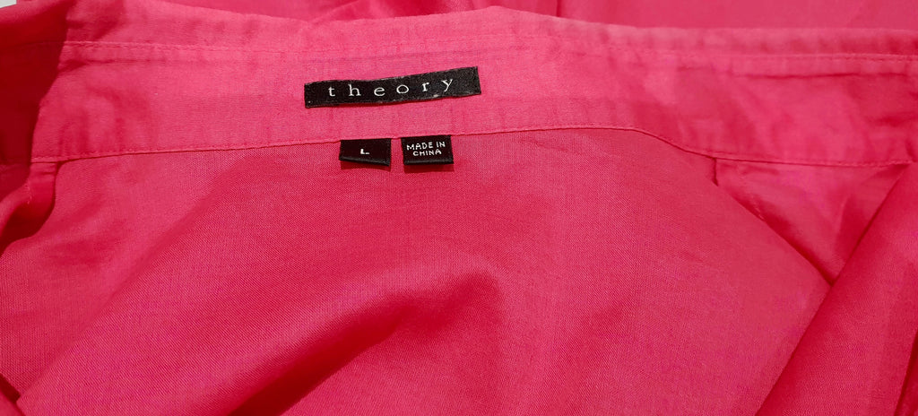 THEORY Pink 100% Cotton Semi Sheer Collared Short Sleeve Blouse Shirt Top L