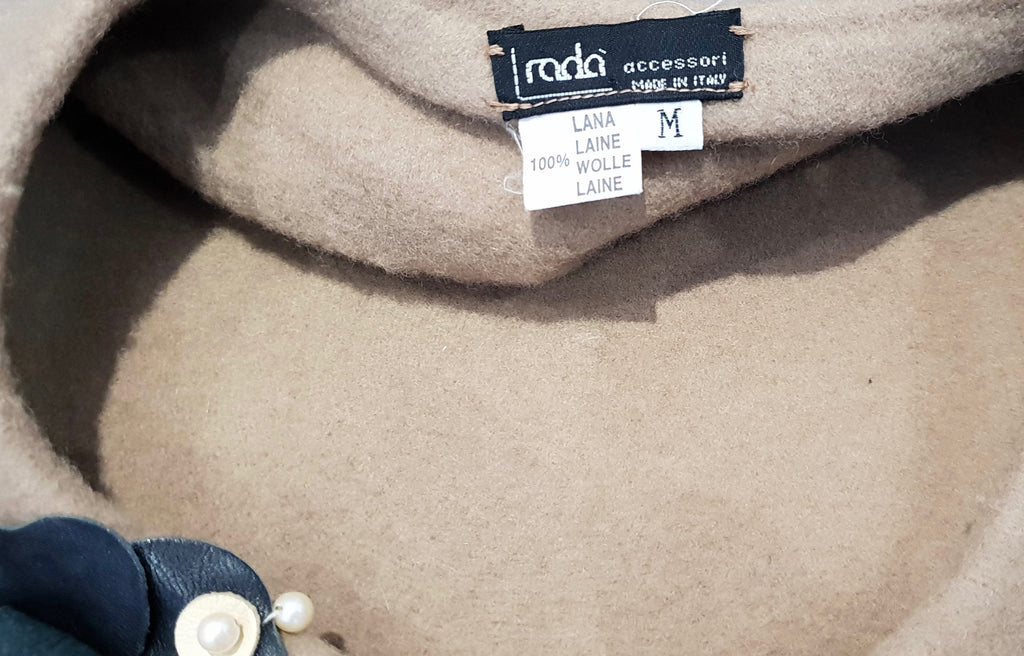 RADA ACCESSORI Made In Italy Beige 100% Wool Black Floral & Cream Pearl Beret M