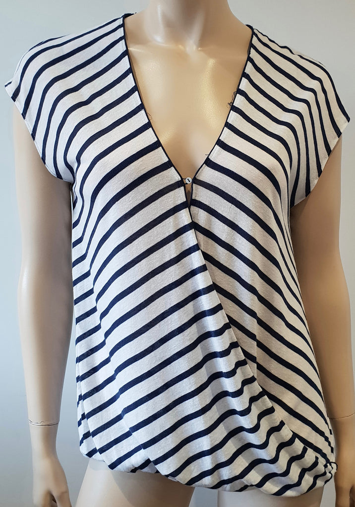 RAG & BONE JEAN White Navy Stripe Modal & Linen V Neck Short Sleeve Casual Top M