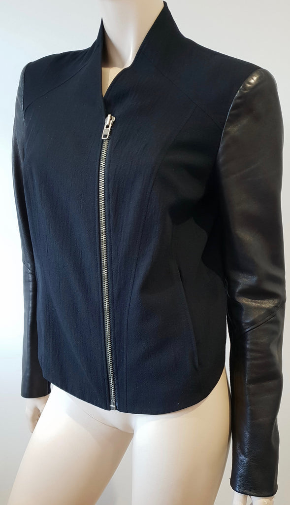 HELMUT LANG Black Textured Cotton Wool Zipper Long Leather Sleeve Blazer Jacket