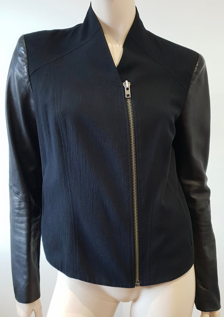 HELMUT LANG Black Textured Cotton Wool Zipper Long Leather Sleeve Blazer Jacket