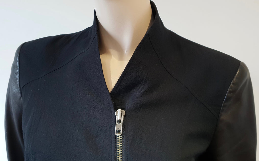 HELMUT LANG Black Textured Cotton Wool Zipper Long Leather Sleeve Blazer Jacket