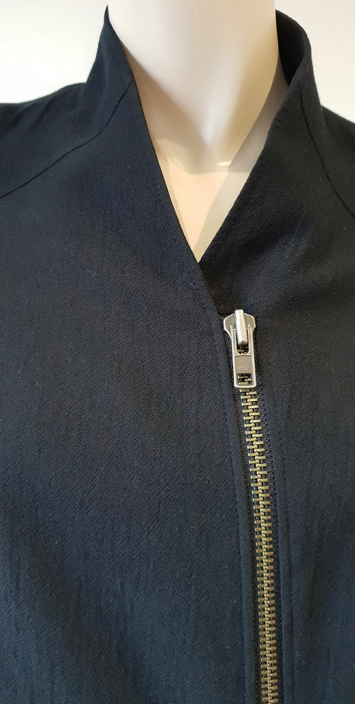 HELMUT LANG Black Textured Cotton Wool Zipper Long Leather Sleeve Blazer Jacket