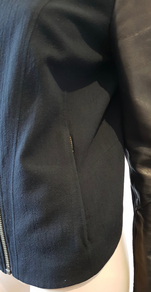 HELMUT LANG Black Textured Cotton Wool Zipper Long Leather Sleeve Blazer Jacket