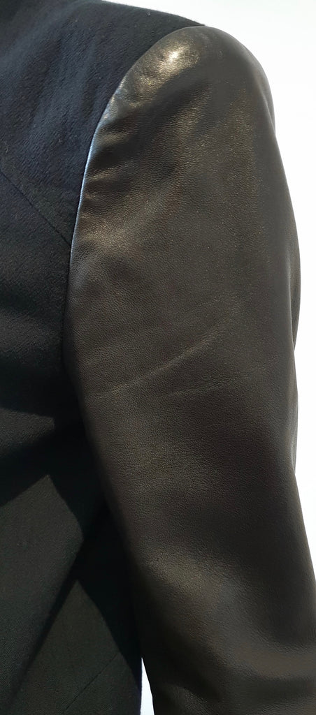 HELMUT LANG Black Textured Cotton Wool Zipper Long Leather Sleeve Blazer Jacket