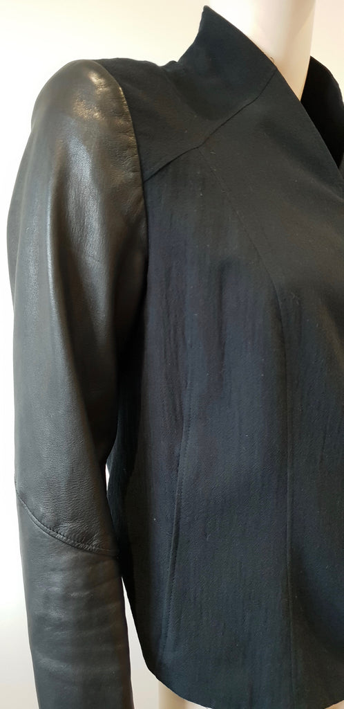 HELMUT LANG Black Textured Cotton Wool Zipper Long Leather Sleeve Blazer Jacket