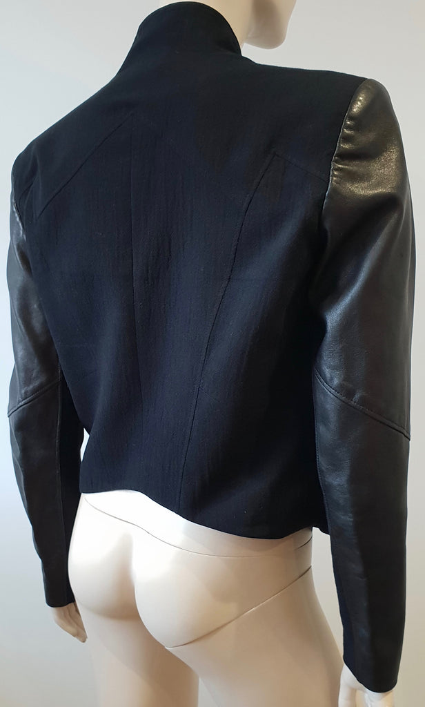 HELMUT LANG Black Textured Cotton Wool Zipper Long Leather Sleeve Blazer Jacket