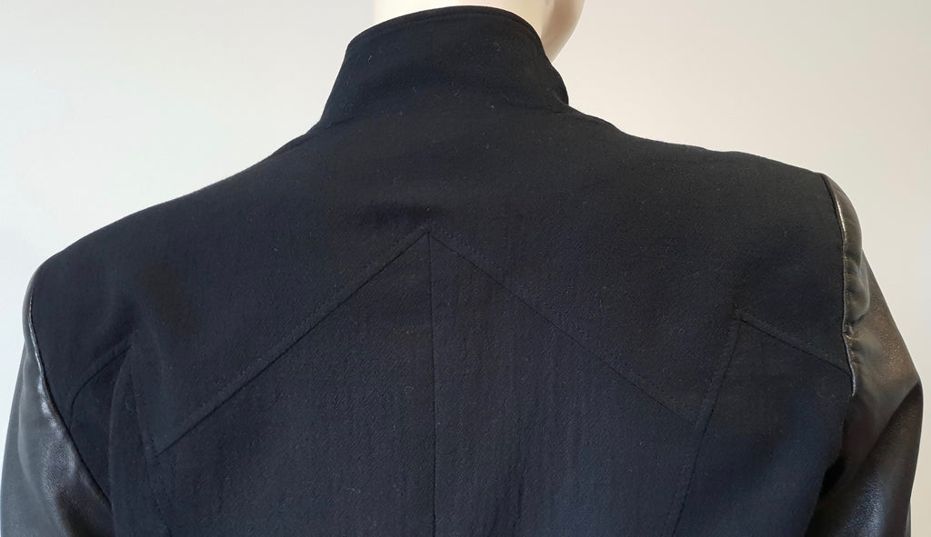 HELMUT LANG Black Textured Cotton Wool Zipper Long Leather Sleeve Blazer Jacket