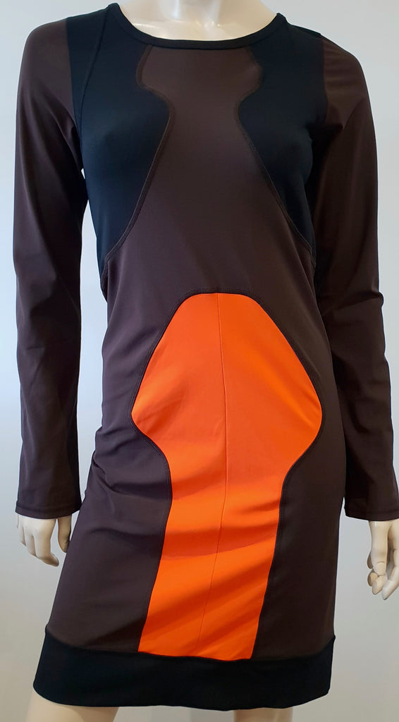 MIU MIU Black Brown & Orange Panelled Long Sleeve Fitted Stretch Bodycon Dress M