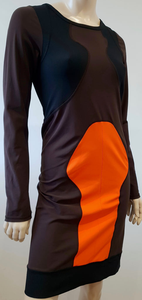 MIU MIU Black Brown & Orange Panelled Long Sleeve Fitted Stretch Bodycon Dress M