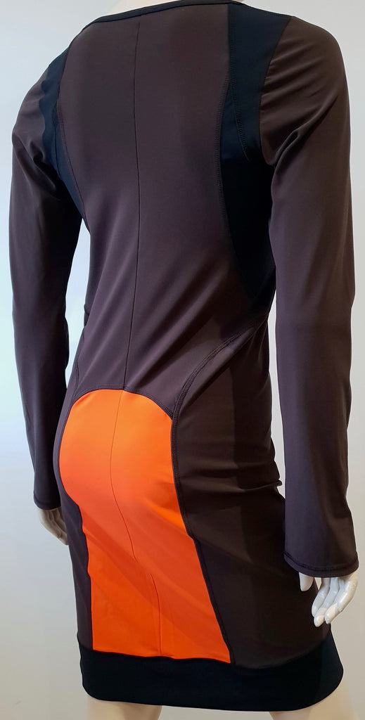 MIU MIU Black Brown & Orange Panelled Long Sleeve Fitted Stretch Bodycon Dress M