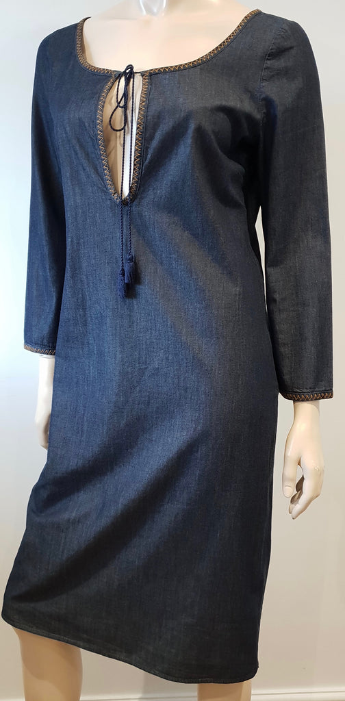 MIU MIU Dark Blue Cotton Scoop Eyelet Neckline 3/4 Sleeve Midi Dress 44 UK12