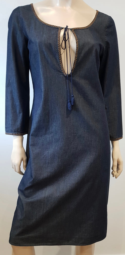 MIU MIU Dark Blue Cotton Scoop Eyelet Neckline 3/4 Sleeve Midi Dress 44 UK12
