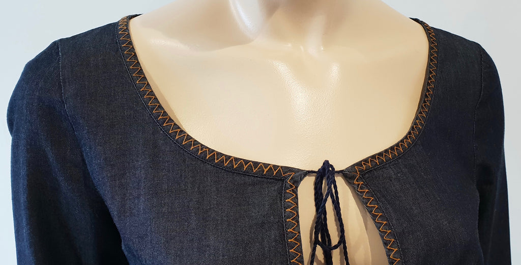 MIU MIU Dark Blue Cotton Scoop Eyelet Neckline 3/4 Sleeve Midi Dress 44 UK12