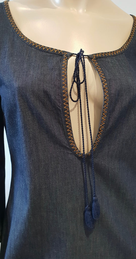 MIU MIU Dark Blue Cotton Scoop Eyelet Neckline 3/4 Sleeve Midi Dress 44 UK12