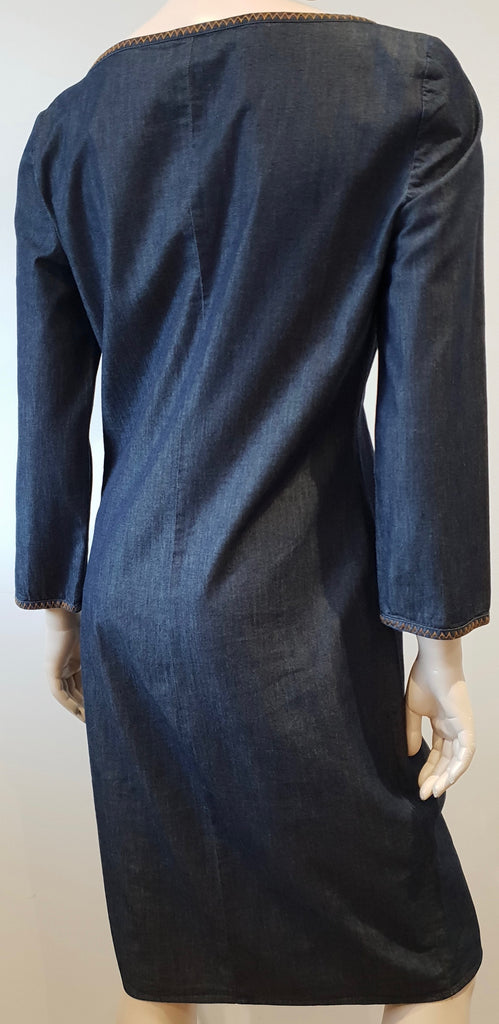 MIU MIU Dark Blue Cotton Scoop Eyelet Neckline 3/4 Sleeve Midi Dress 44 UK12