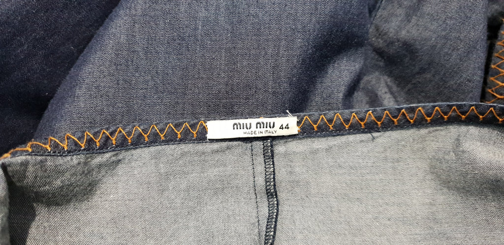 MIU MIU Dark Blue Cotton Scoop Eyelet Neckline 3/4 Sleeve Midi Dress 44 UK12