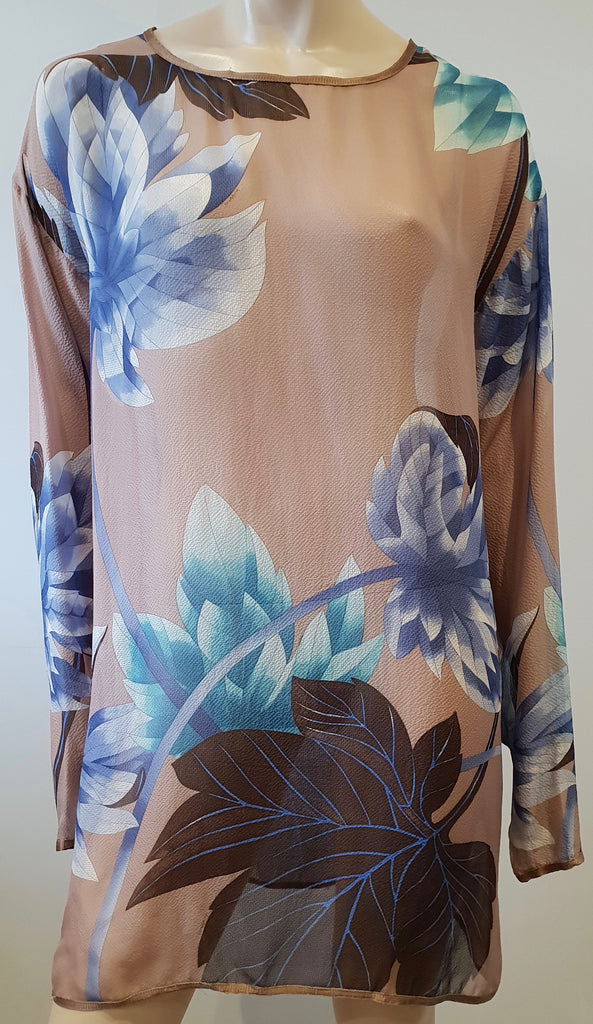 MISSONI Beige Silk Multicolour Bold Floral Print Long Sleeve Sheer Dress IT44 12