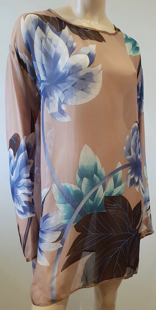 MISSONI Beige Silk Multicolour Bold Floral Print Long Sleeve Sheer Dress IT44 12