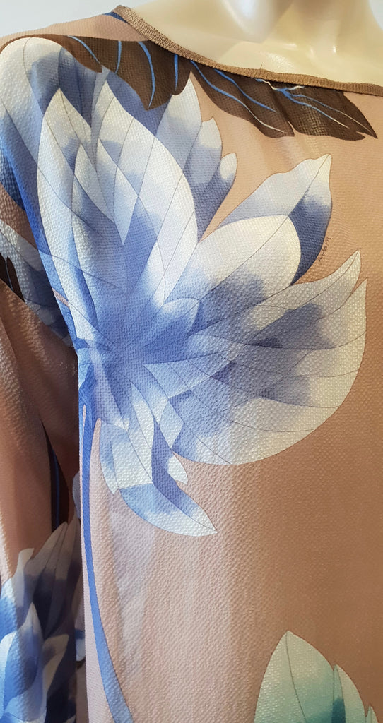 MISSONI Beige Silk Multicolour Bold Floral Print Long Sleeve Sheer Dress IT44 12