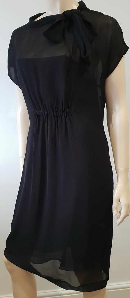 MIU MIU Black Tie Neckline Short Sleeve Elastic Waist Sheer Evening Dress IT44