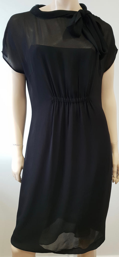 MIU MIU Black Tie Neckline Short Sleeve Elastic Waist Sheer Evening Dress IT44