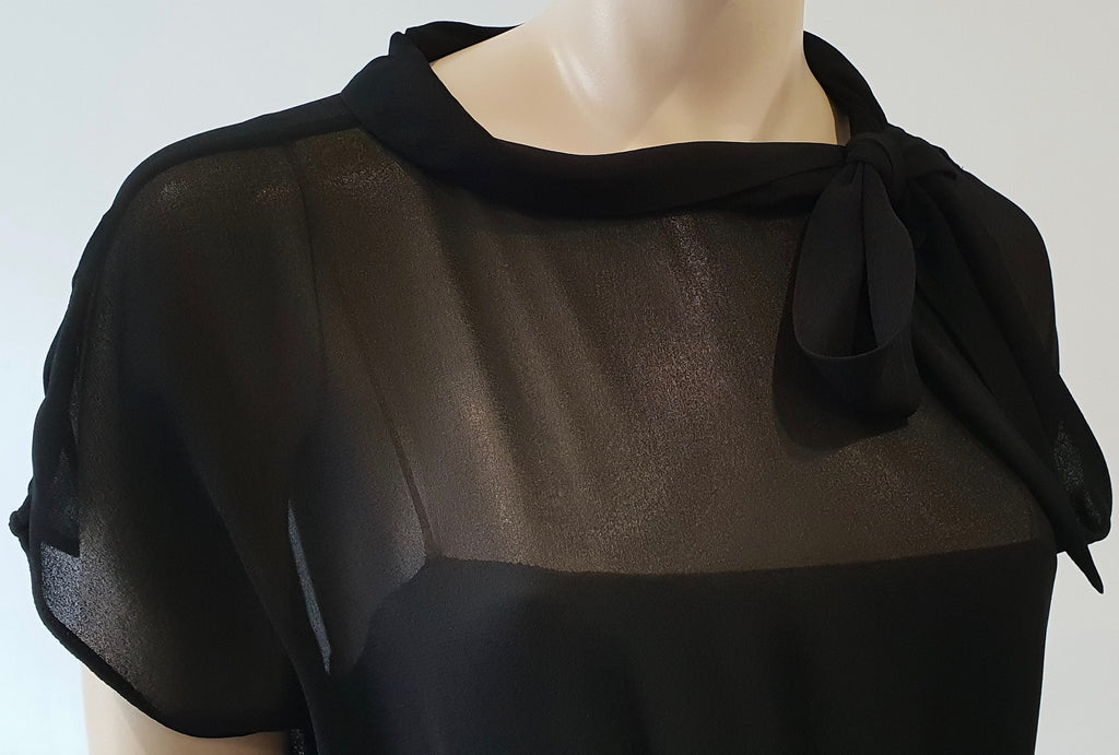 MIU MIU Black Tie Neckline Short Sleeve Elastic Waist Sheer Evening Dress IT44