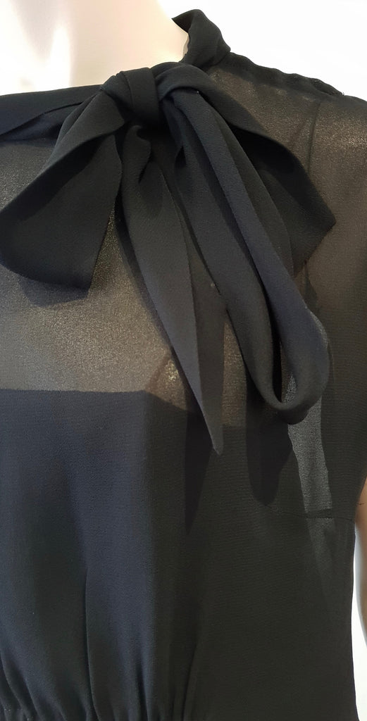 MIU MIU Black Tie Neckline Short Sleeve Elastic Waist Sheer Evening Dress IT44