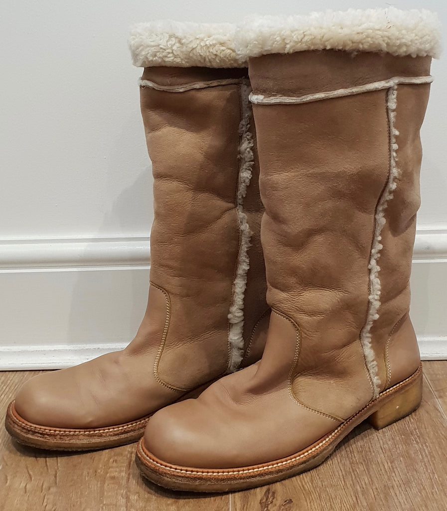 BARBARA BUI Beige Leather & Suede Cream Shearling Trim Flat Winter Boots 39 UK6