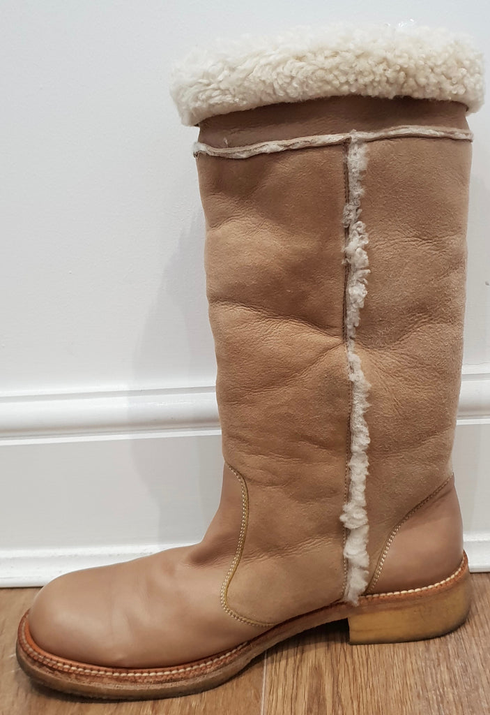 BARBARA BUI Beige Leather & Suede Cream Shearling Trim Flat Winter Boots 39 UK6