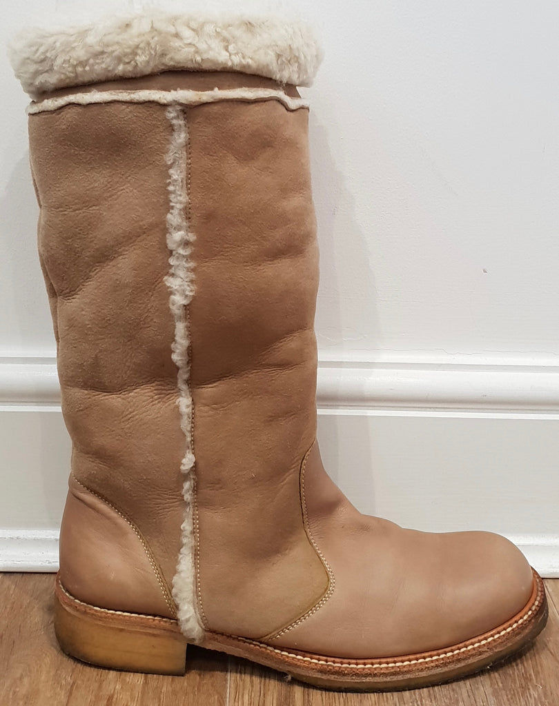 BARBARA BUI Beige Leather & Suede Cream Shearling Trim Flat Winter Boots 39 UK6