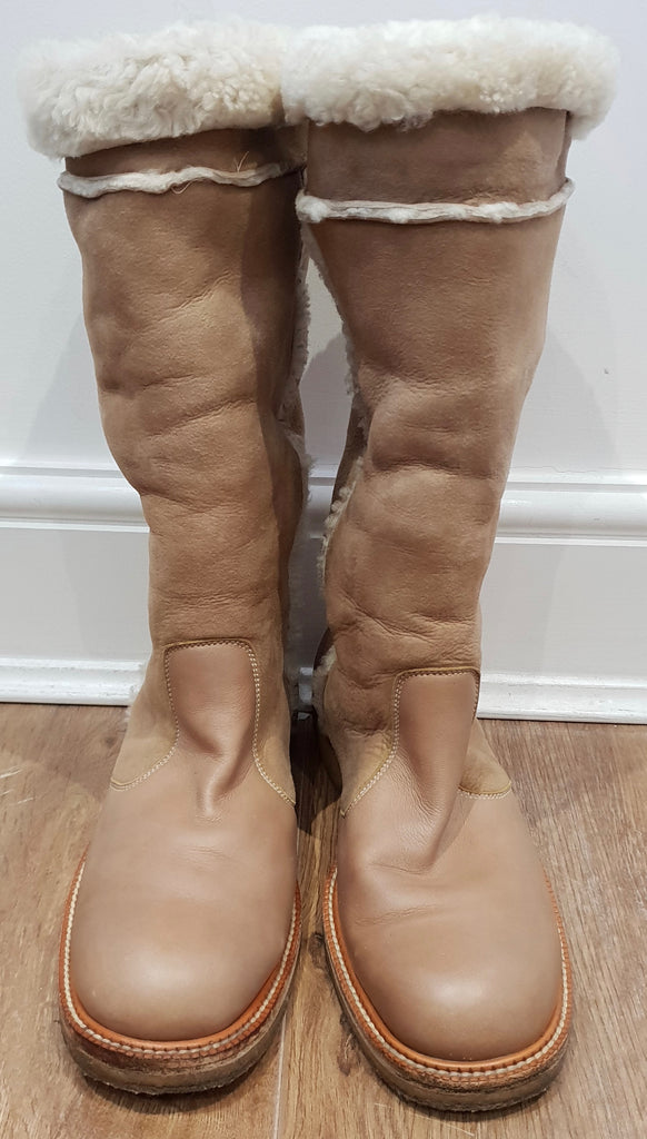 BARBARA BUI Beige Leather & Suede Cream Shearling Trim Flat Winter Boots 39 UK6
