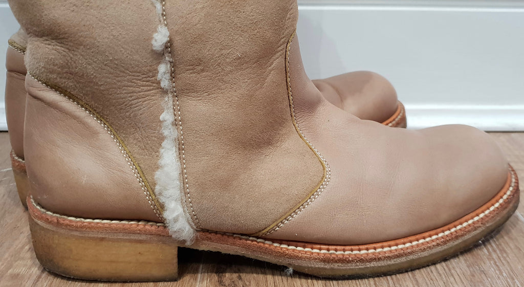 BARBARA BUI Beige Leather & Suede Cream Shearling Trim Flat Winter Boots 39 UK6