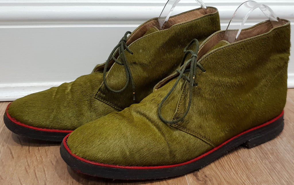 CHRISTIAN LOUBOUTIN Green Pony Hair Red Trim Rubber Sole Ankle Boots 39 UK6