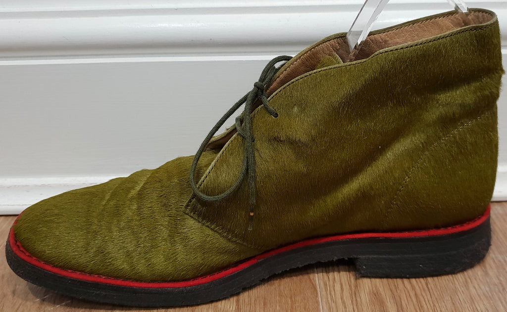 CHRISTIAN LOUBOUTIN Green Pony Hair Red Trim Rubber Sole Ankle Boots 39 UK6