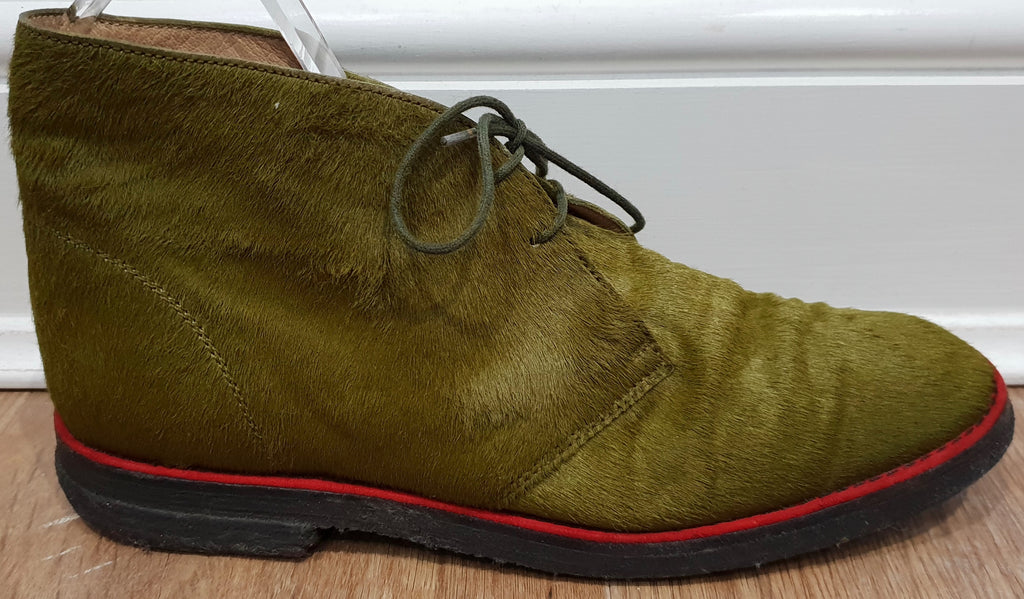 CHRISTIAN LOUBOUTIN Green Pony Hair Red Trim Rubber Sole Ankle Boots 39 UK6