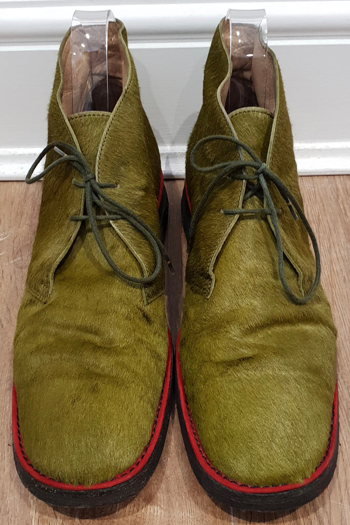 CHRISTIAN LOUBOUTIN Green Pony Hair Red Trim Rubber Sole Ankle Boots 39 UK6