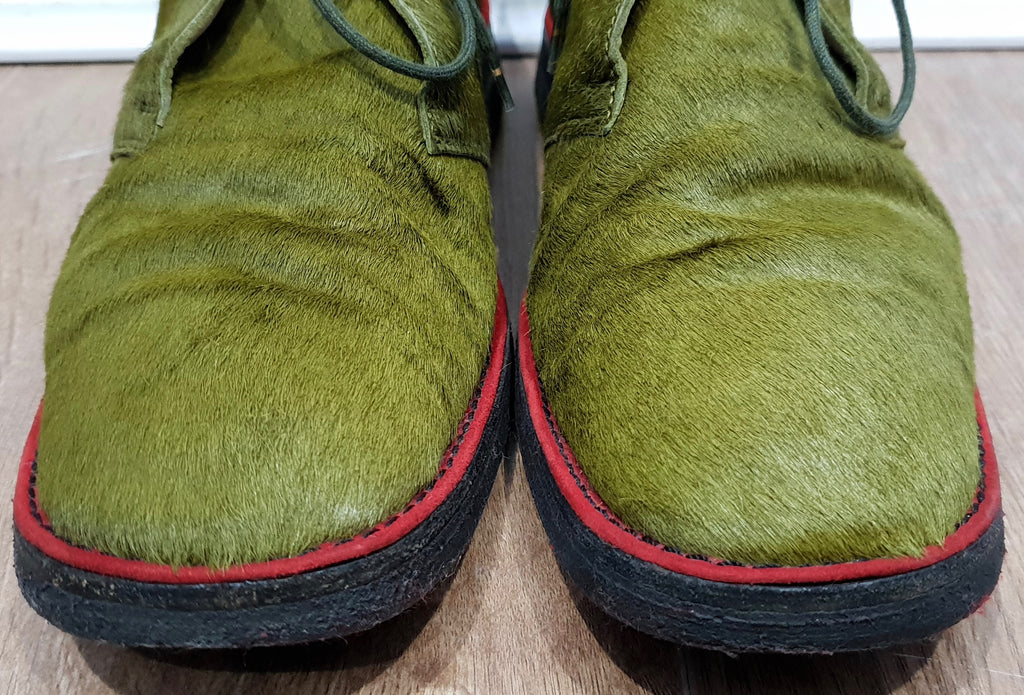 CHRISTIAN LOUBOUTIN Green Pony Hair Red Trim Rubber Sole Ankle Boots 39 UK6