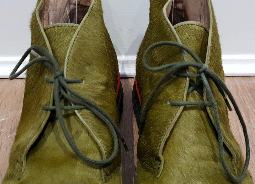 CHRISTIAN LOUBOUTIN Green Pony Hair Red Trim Rubber Sole Ankle Boots 39 UK6