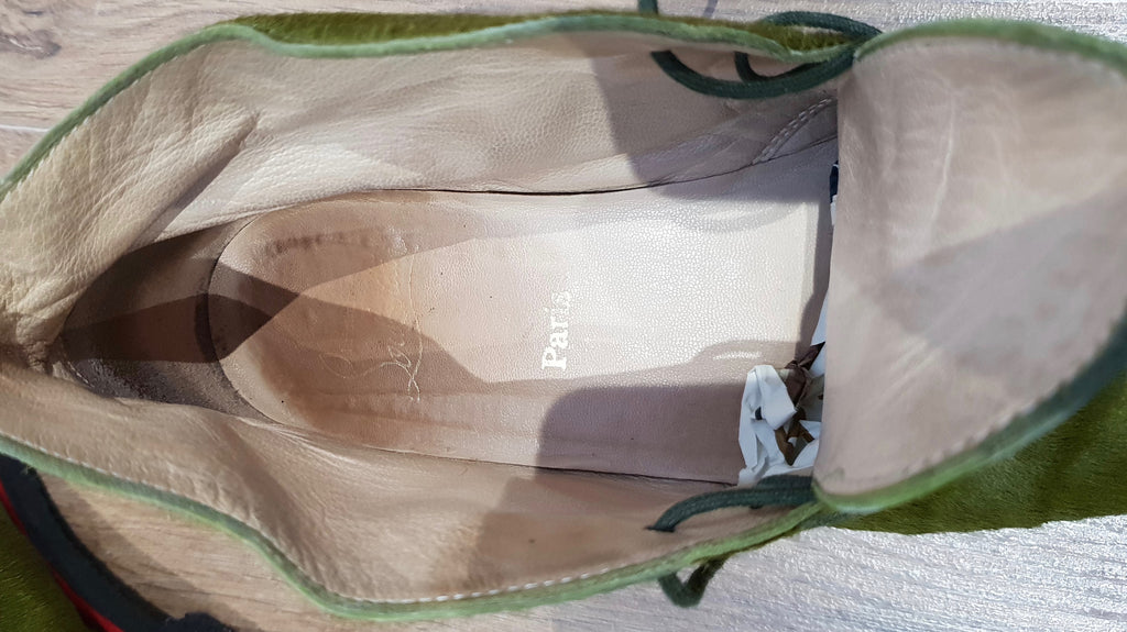 CHRISTIAN LOUBOUTIN Green Pony Hair Red Trim Rubber Sole Ankle Boots 39 UK6