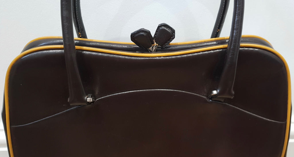 PRADA MILANO Chocolate Brown Leather Orange Trim Branded Dual Handle Tote Bag